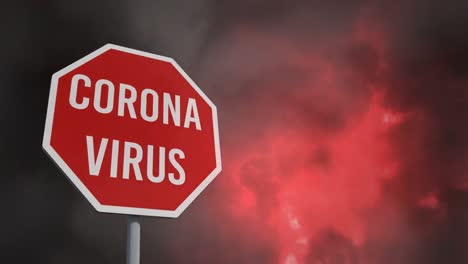 animatie van een stopbord met coronavirus tekst over storm