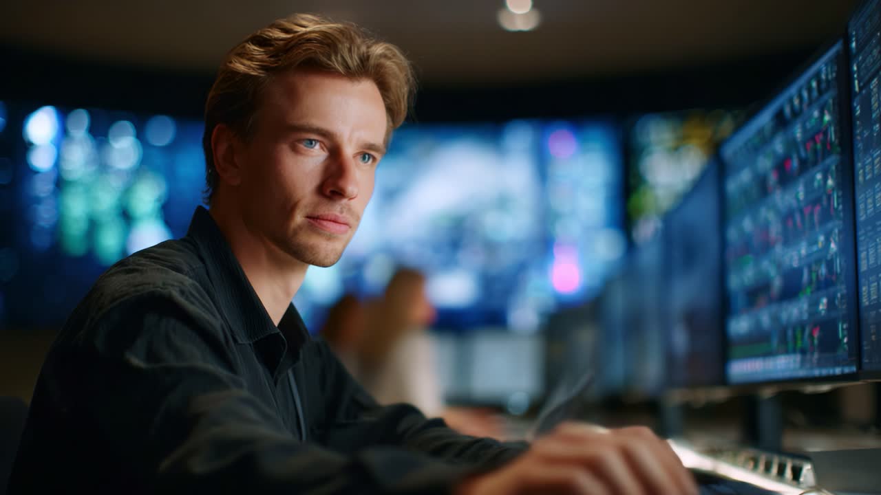 Focused Professional Analyzing Data at High-Tech Monitoring Station with Multiple Screens Behind, Showcasing Intense Concentration and Advanced Technology in Use