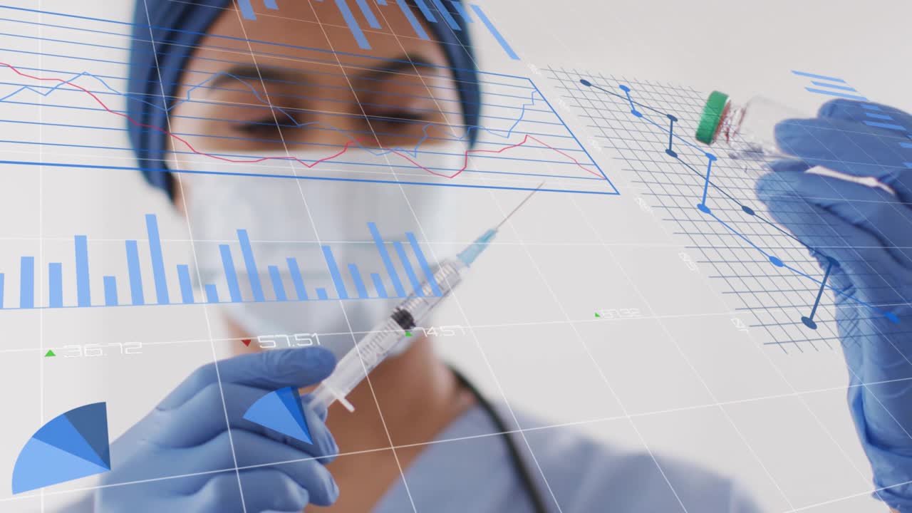 Healthcare pro aligning syringe with vial septum and preparing dose while data dashboard animating