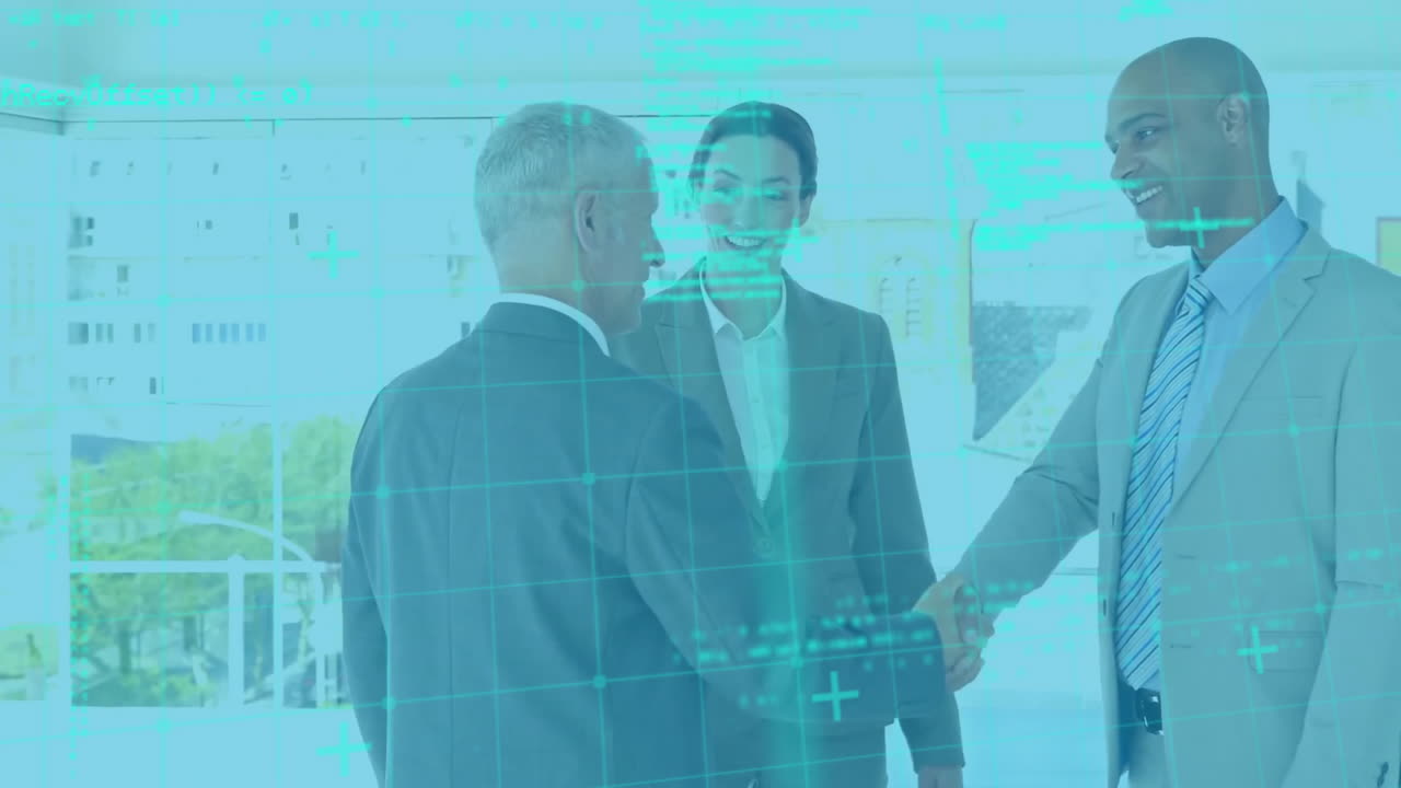 Animazione di elaborazione dati su persone diverse che si stringono la mano in ufficio