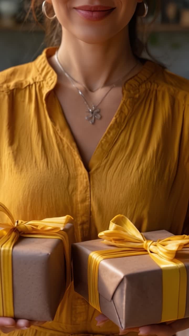 Un Momento Gioioso Catturato: Donna in Blusa Gialla Che Presenta Regali Splendidamente Incartati con Nastri Gialli, Irradiando Calore e Spirito di Festa in un Ambiente Accogliente