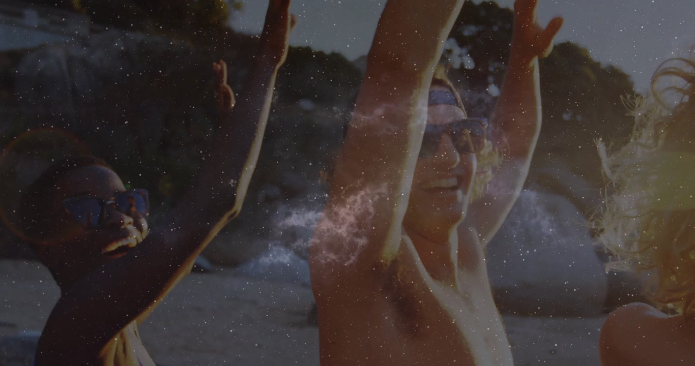 Man and woman noticing sunset, lifting arms cheering with animated lens flare starfield travel ad