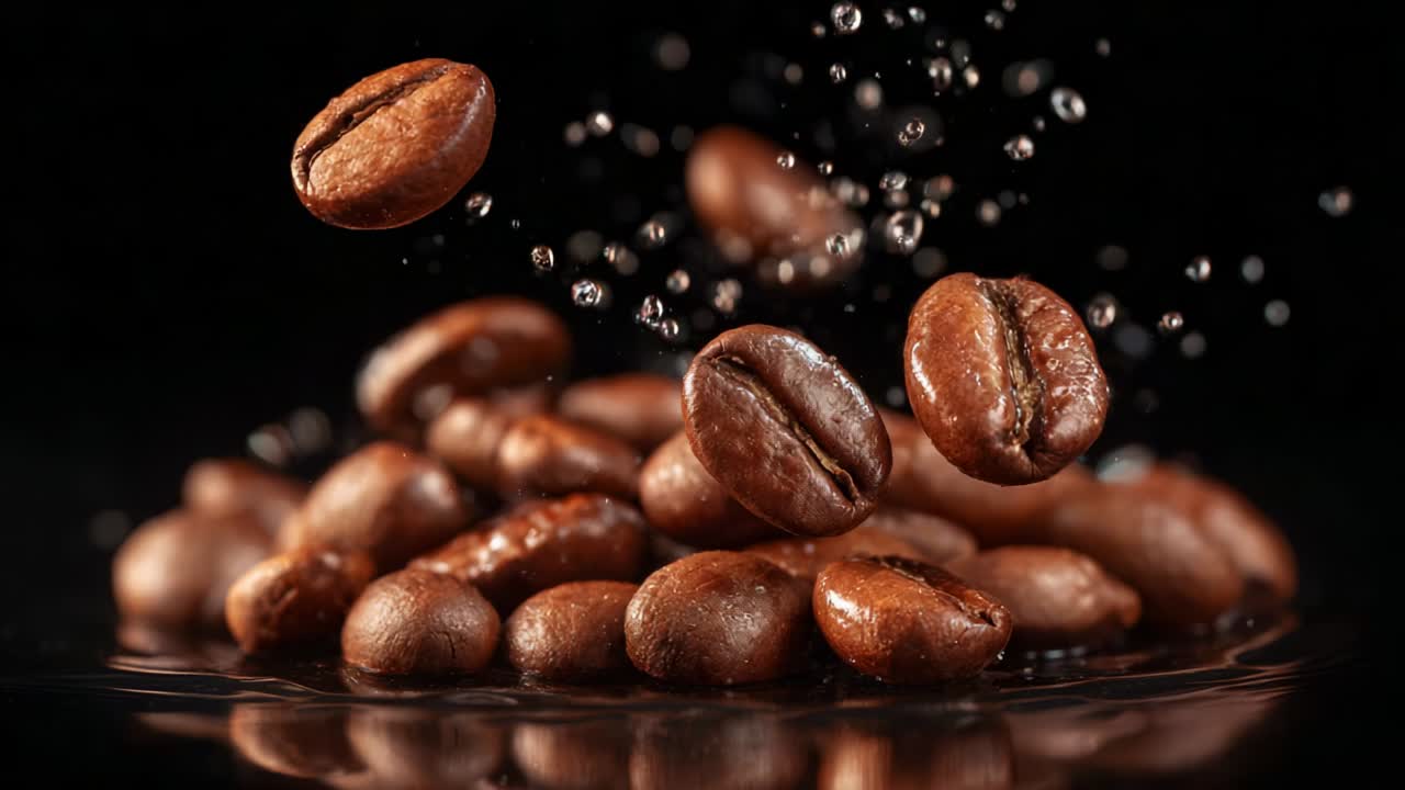 Spruzzo dinamico di chicchi di caffè tostati catturato con dettagli sorprendenti, che mostra la ricca texture e la superficie lucida mentre i danzatori dell'acqua creano un bellissimo contrasto visivo su uno sfondo scuro