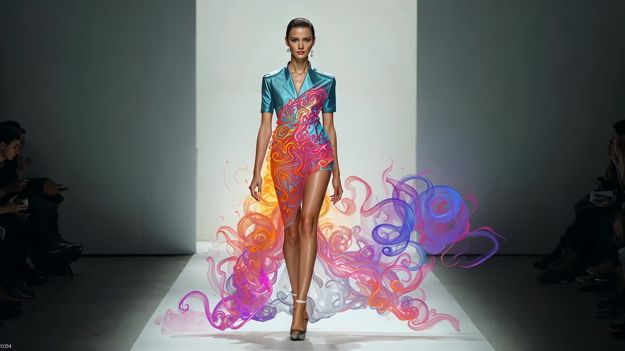 Walking model moving down catwalk after cue, wearing teal blazer, high-slit dress, colorful swirls