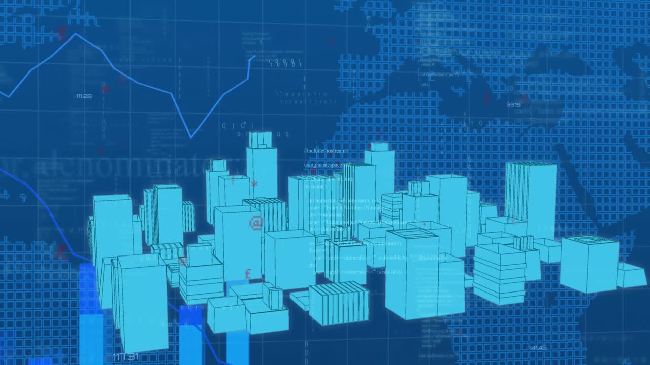 Animation of financial data processing over 3d city and world map