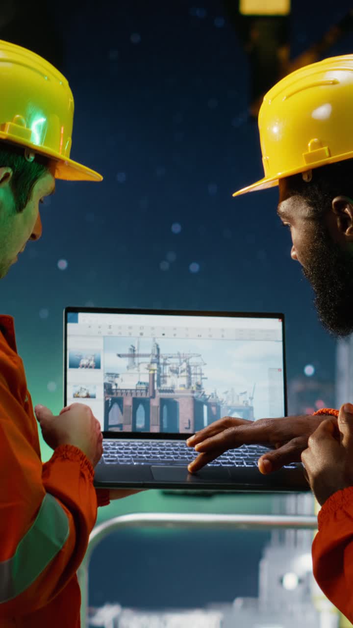 Vertical Video Environmental officers team inspect offshore oil platform under aurora borealis