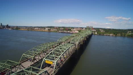 Aerial-of-Columbia-River-Interstate-Bridge-looking-toward-Vancouver,-Washington