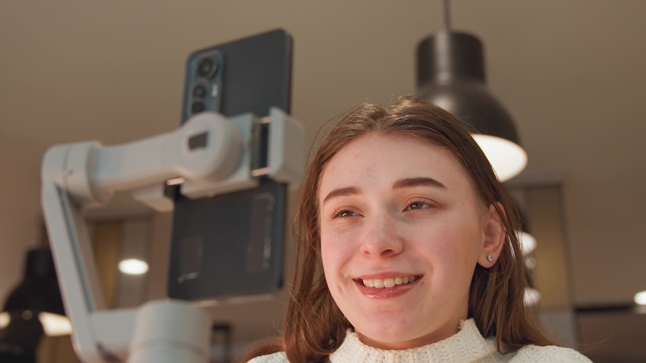 Low-angle close-up of young woman holding handheld skincare device in modern salon or clinic, with warm soft lighting, blurred background, textured sweater, and relaxed confident expression