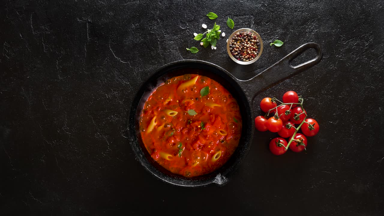 : 파스타 페네를 토마토 소스와 바질로 철로 만든 판에 요리합니다.