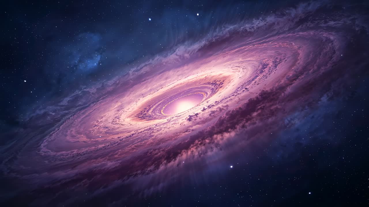 Starting from starfield view, camera moving closer to glowing spiral disk capturing vibrant core