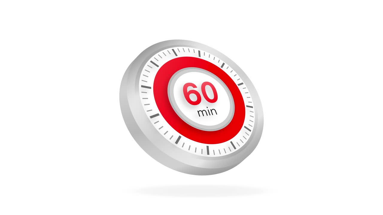 The 60 minutes timer. Stopwatch icon in flat style. Motion graphics.