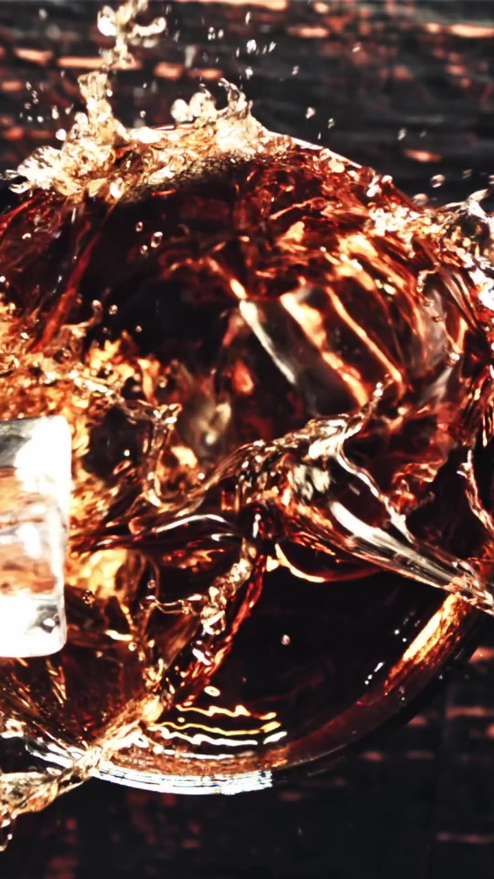 Slow motion: cubetto di ghiaccio che cade in un drink di whisky ambrato