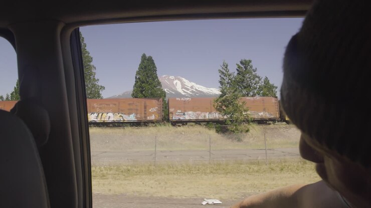 Young man wearing beanie sticks his hand out the window in a car during a road trip