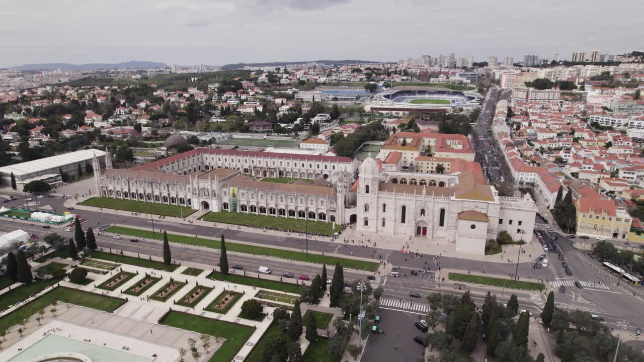 Aerial orbiting shot of Jer&oacute;nimos Monastery, Majestic Portuguese Complex in Lisbon
