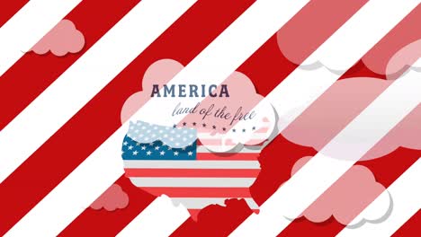 animation of rocket over white and red stripes, usa map and america land of the free text