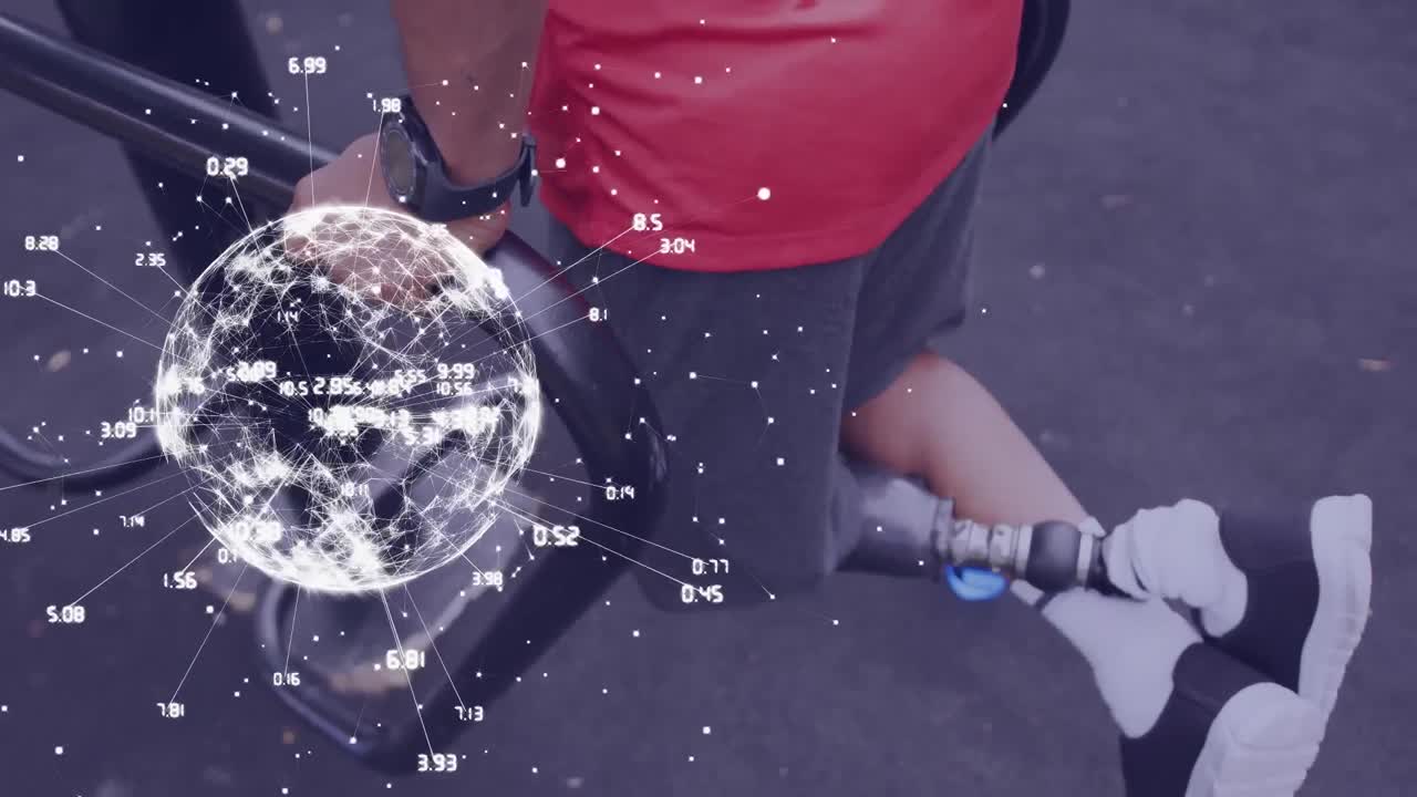 animación de la red global y procesamiento de datos sobre atletas masculinos con prótesis de pierna haciendo ejercicio