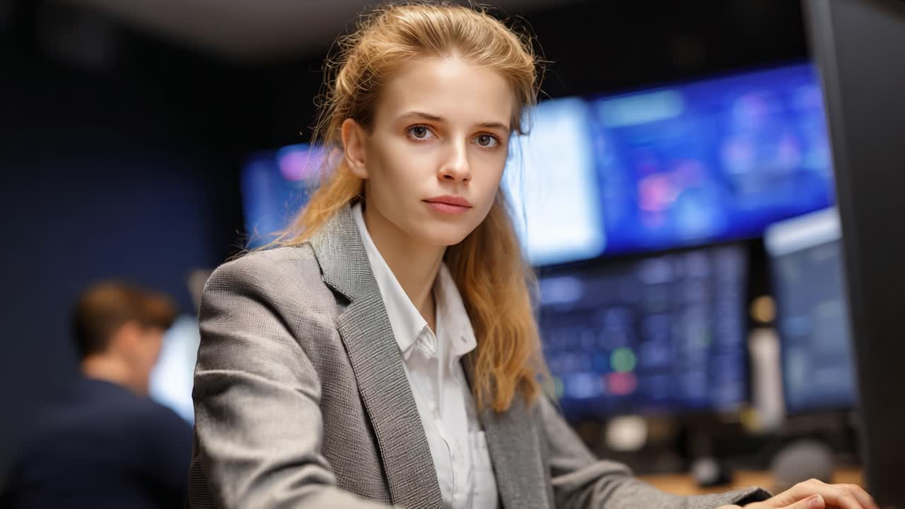 A Focused Professional Analyzing Data in a High-Tech Environment, Showcasing Expertise and Concentration in a Modern Office Setting