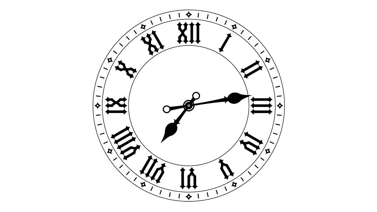 Round clock loop motion from noon to midnight. Roman numerals on flat black clock face. Animated 4k video