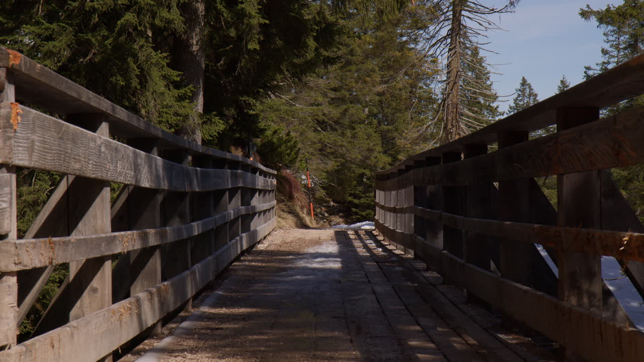 Empty Bridge In The Mountain Hiking Trails Of Bavarian Alps, Germany. Static Shot