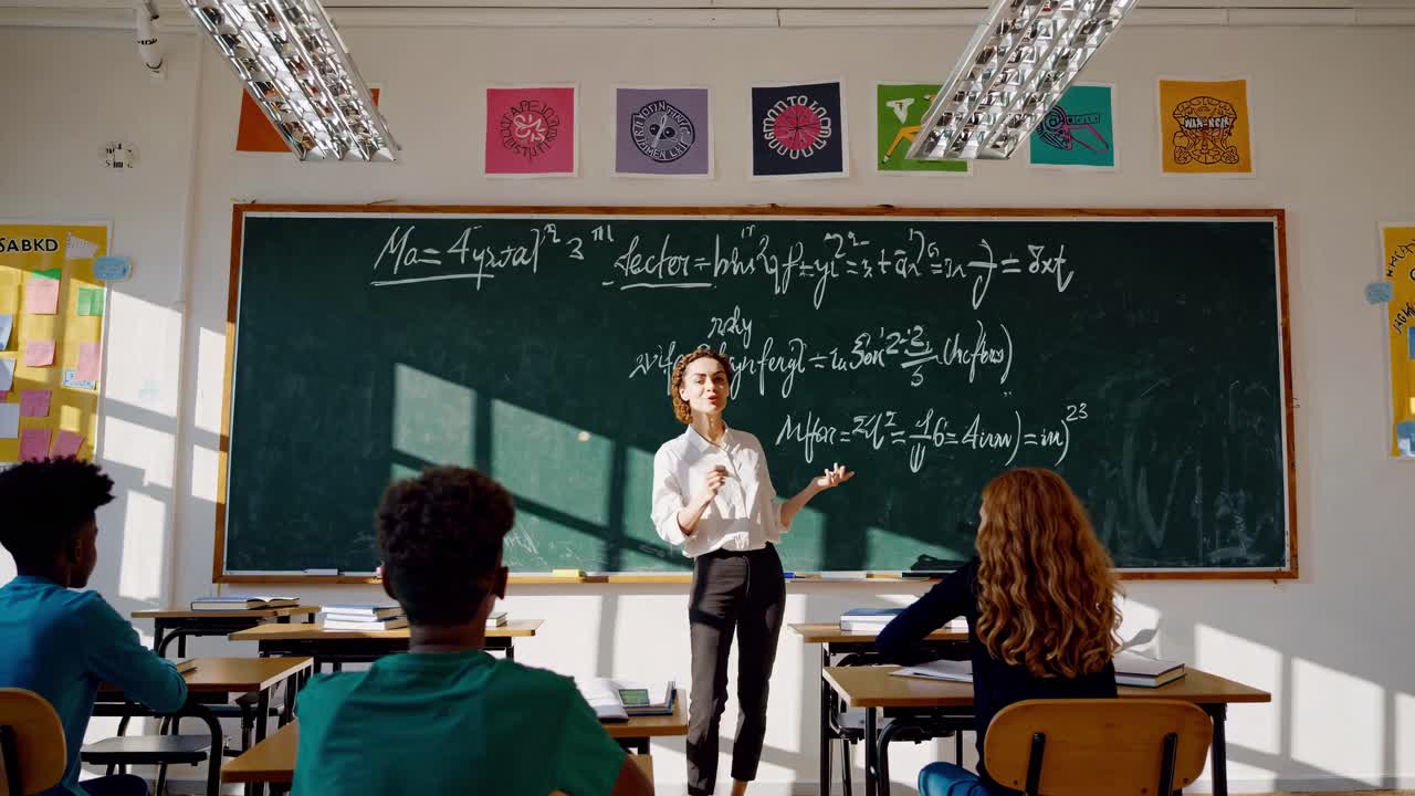 A teacher explains math at a chalkboard in a classroom. Shot from a low angle, the video captures