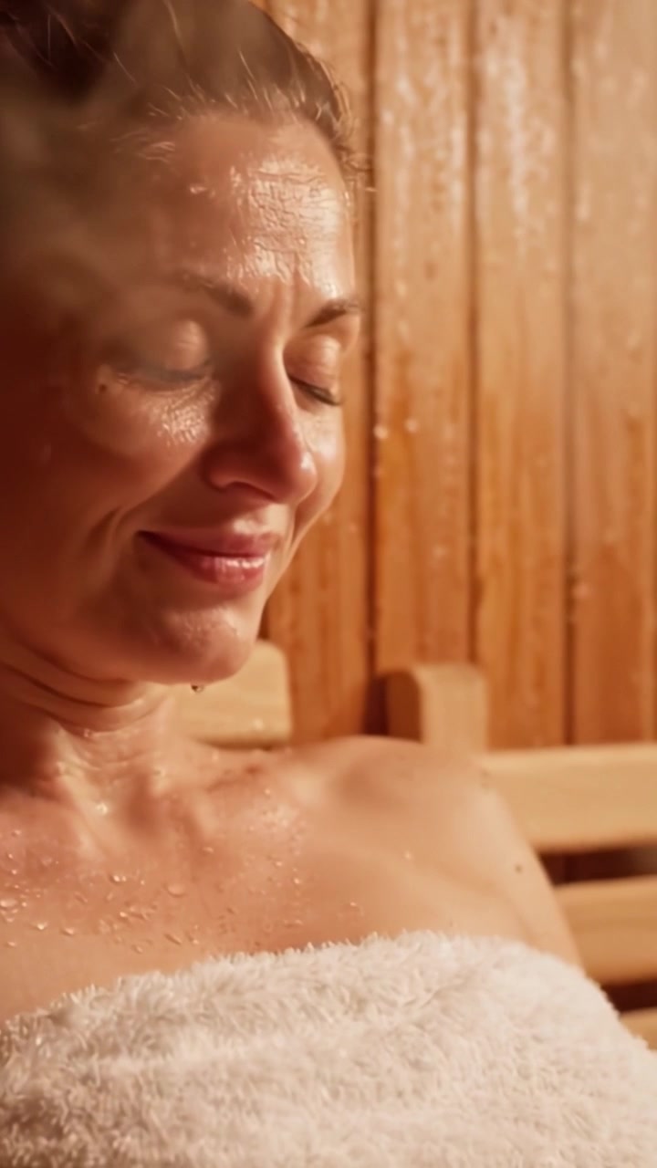 Esperienza rilassante in una sauna a vapore: momenti di serenità e benessere di una donna tra il vapore caldo e l'ambiente tranquillo per il ringiovanimento.