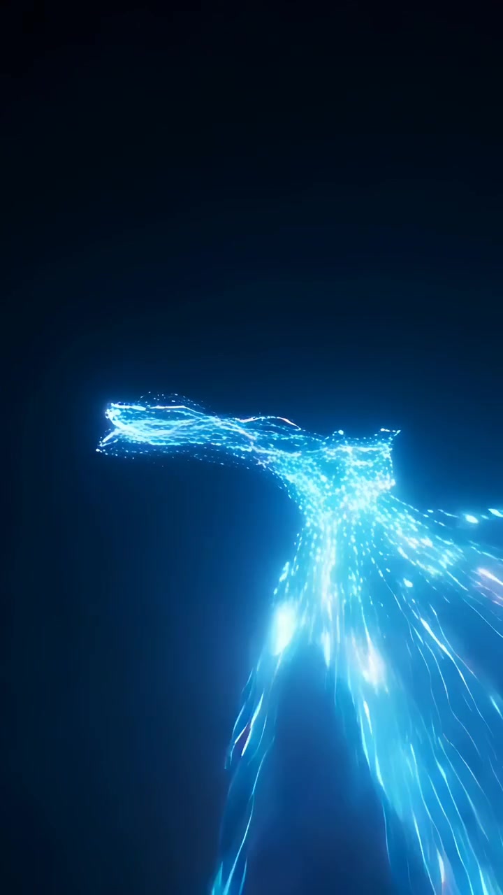 Video verticale: Origine che genera un flusso blu che si sposta a sinistra sopra il vuoto con scintille artistiche, con spazio per il testo.