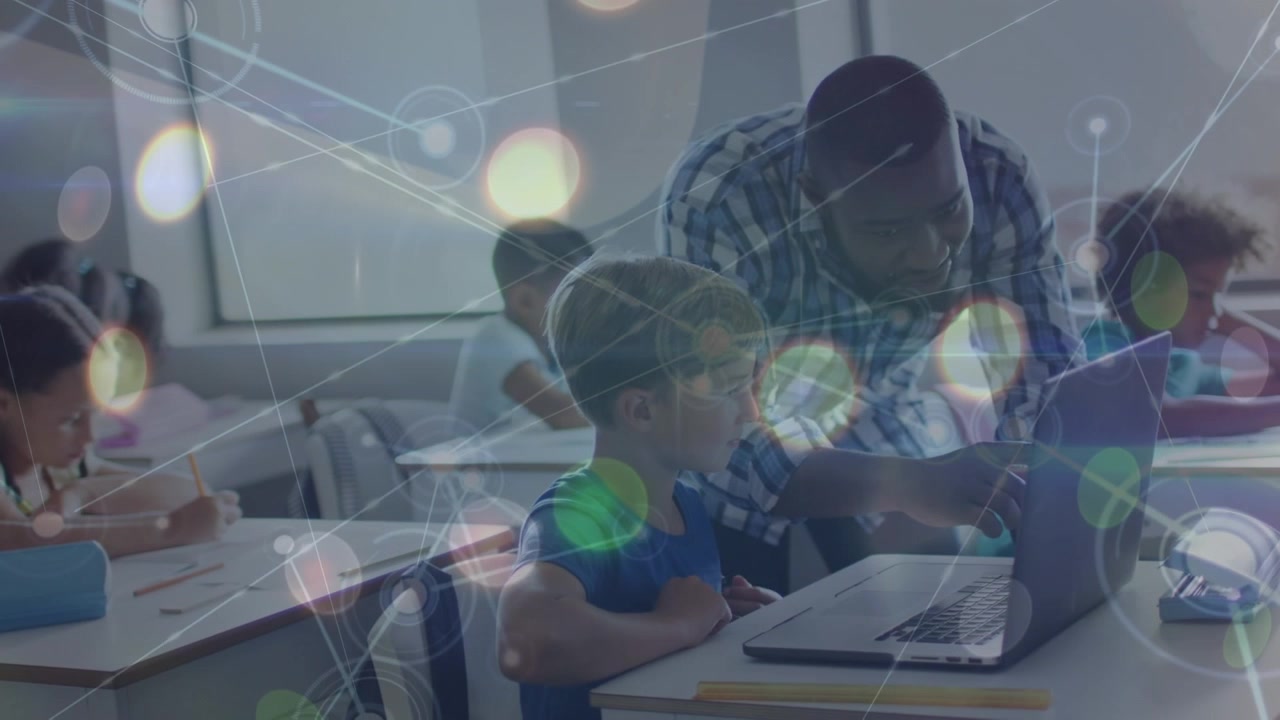 Animation of network of connections and lights over diverse male teacher and boy with laptop