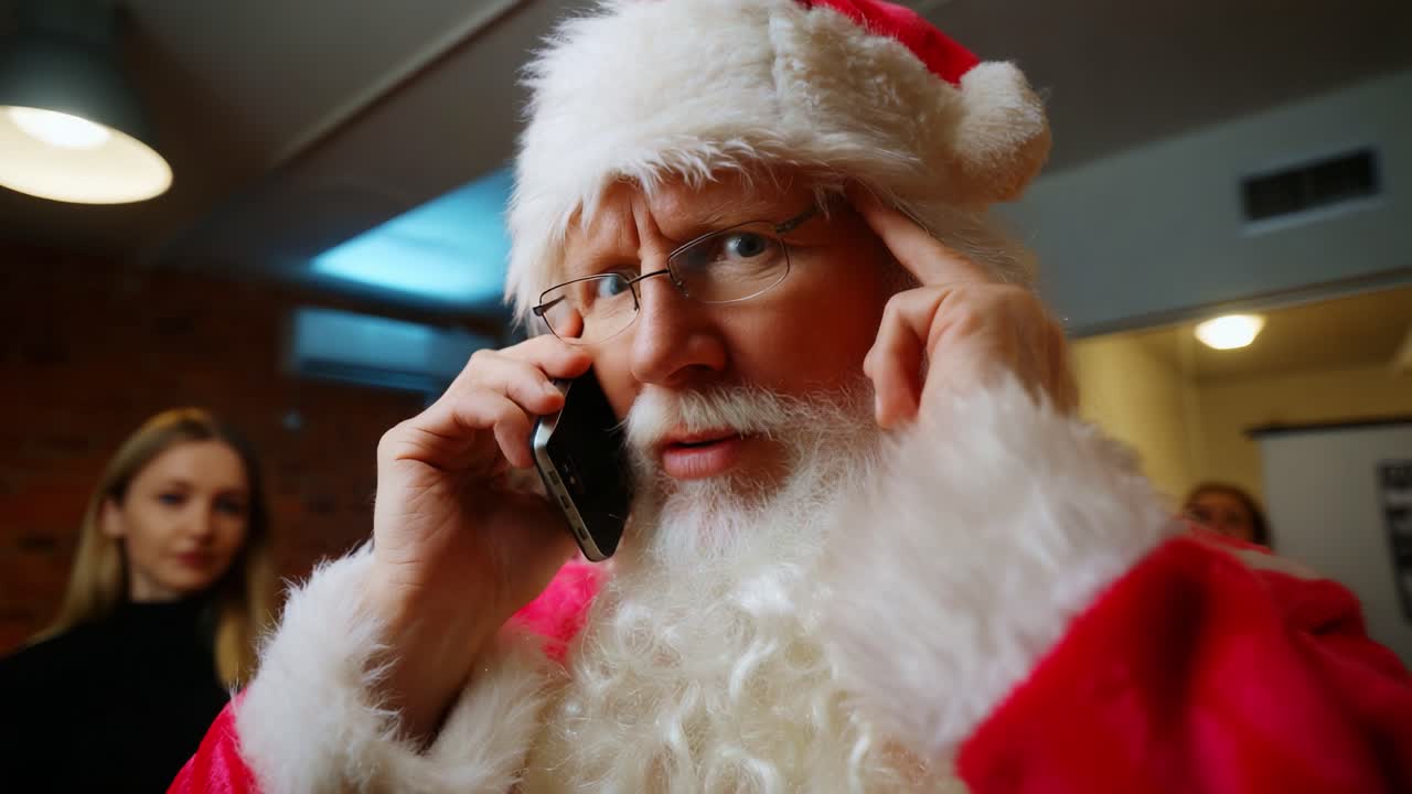 A Surprised Santa Claus on the Phone: Capturing the Emotion and Surprise of Santa's Unlikely Conversation during the Holiday Season in a Festive Environment