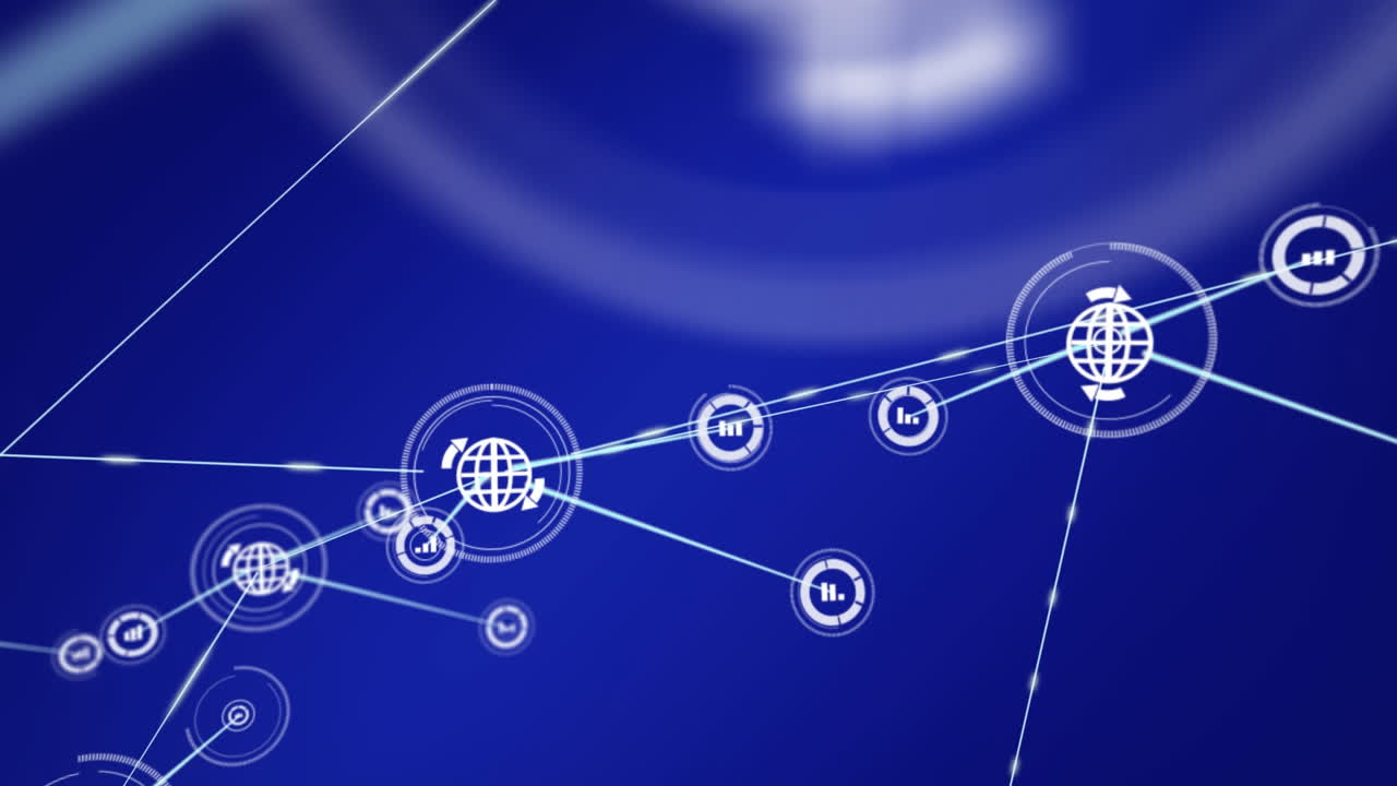 Animation of network of connections with icons on blue background