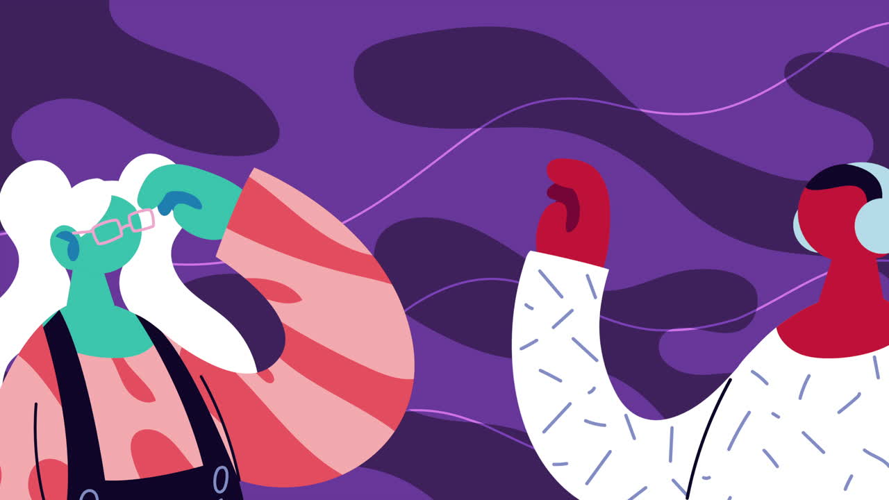 giovane coppia di personaggi che parlano animazione