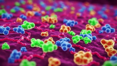 stunning visuals of microbial life: a close-up exploration of colorful molecules interacting in a complex microenvironment, showcasing biological interactions and structures