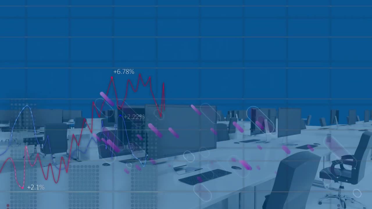 Animation of purple light trails and data processing over empty office