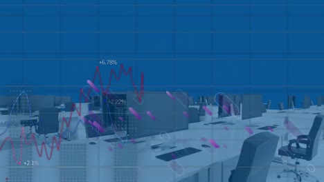 Animation-of-purple-light-trails-and-data-processing-over-empty-office