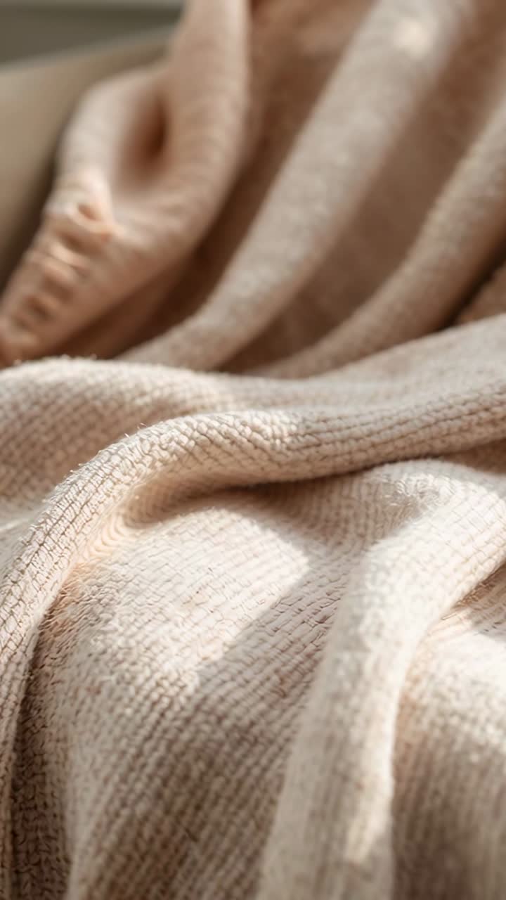 Video verticale: La telecamera si sposta mostrando costine e cordini in maglia beige illuminati dal sole su un divano per evidenziarne la texture