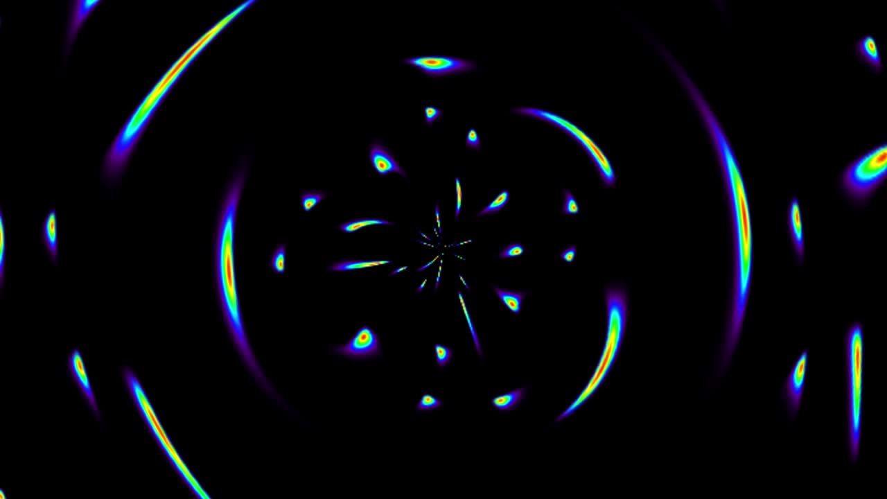 빛나는 아름다운 추상적인 비디오, 빛나는 빛, 점과 함께 미묘한 다채로운 움직임을 배열하는 밝은 빛, 검은 배경