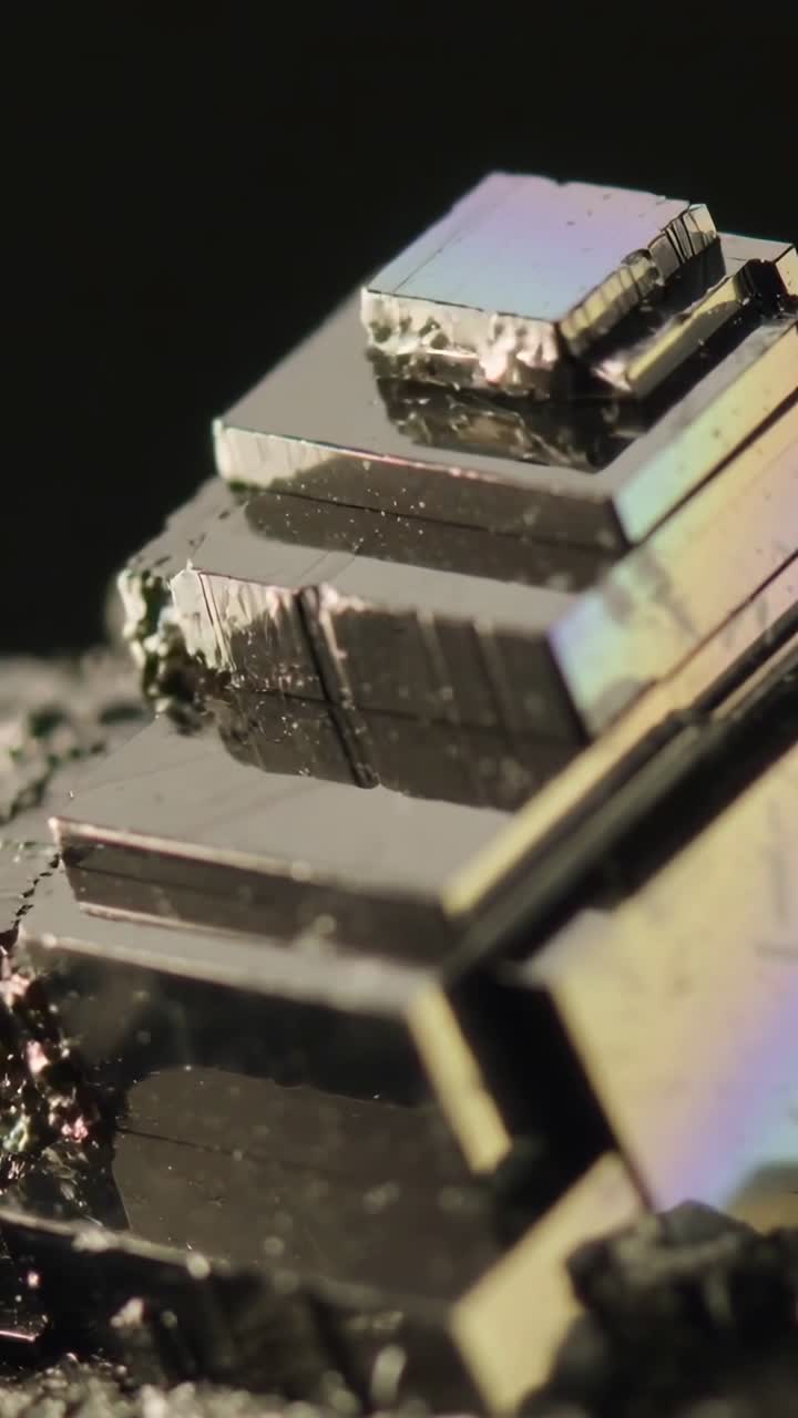 Vertical video: Panning cam revealing stepped crystal with flakes on dark matte base, showing hues