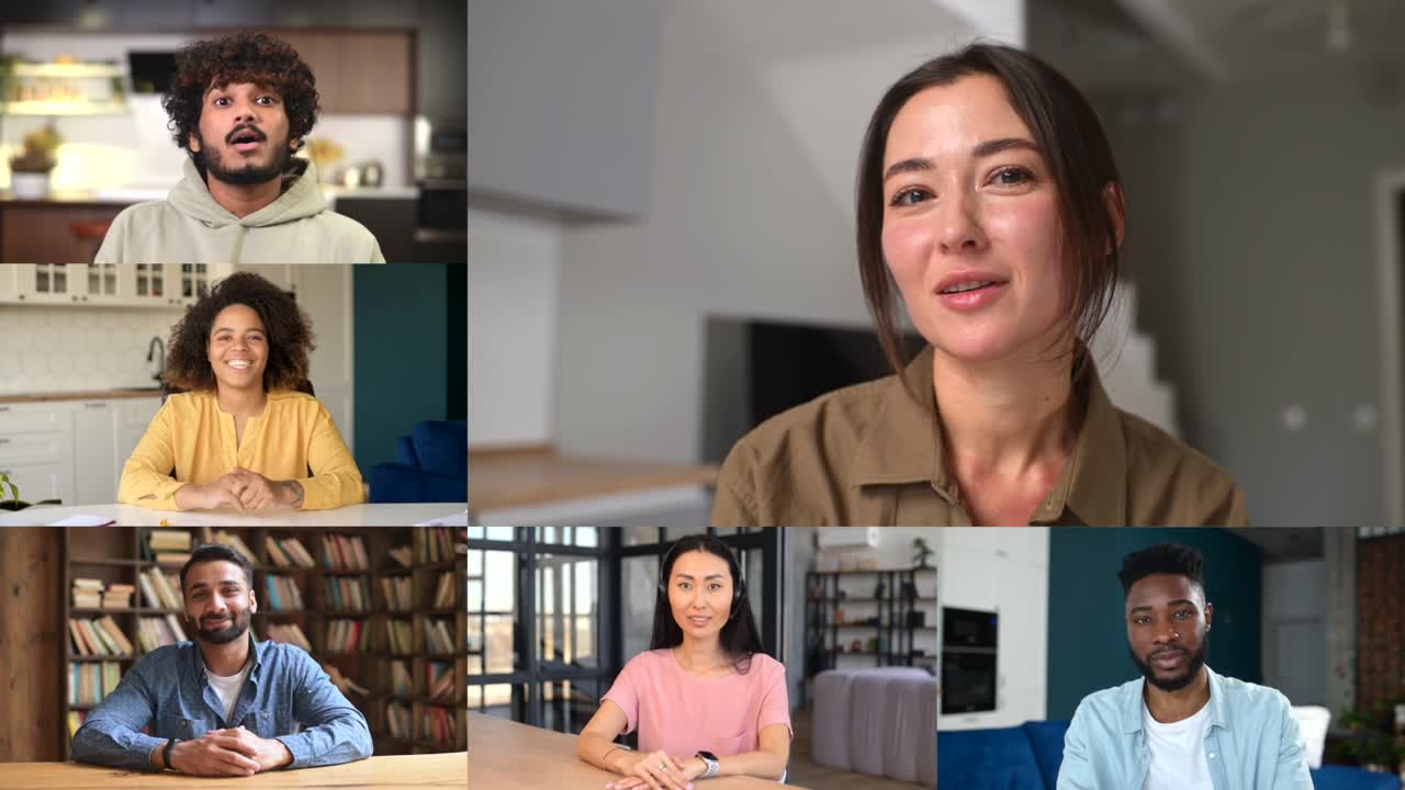 Diverse colleague talking online via video connection, video meeting of coworkers