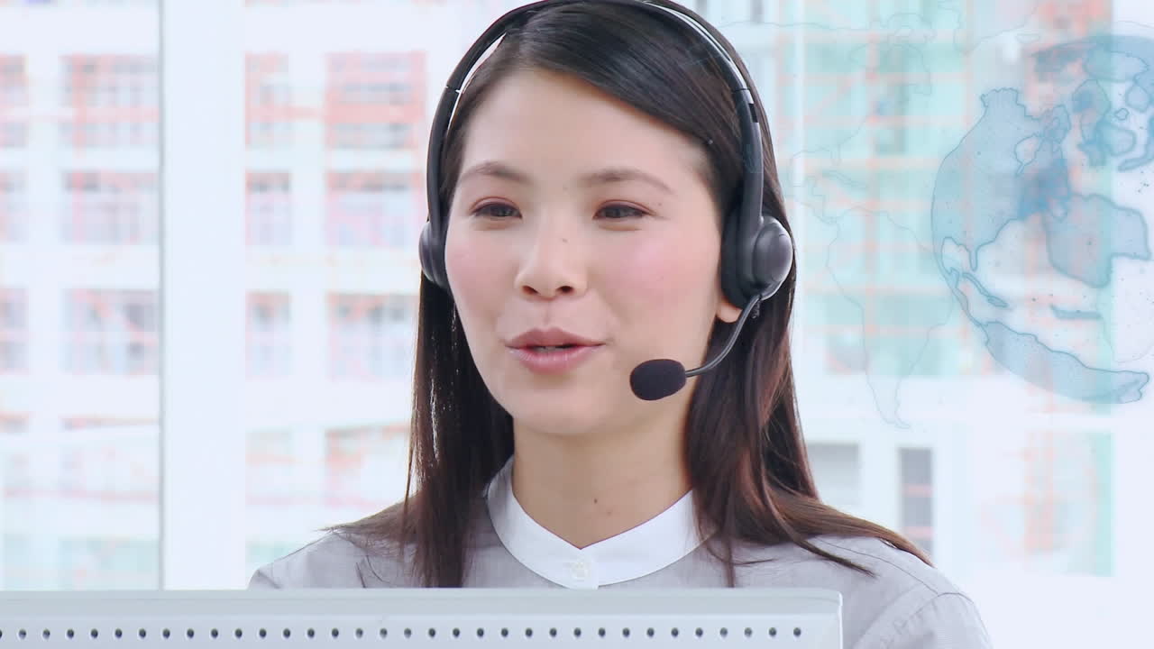 전화 헤드 ⁇ 을 사용하는 사업가 여성에 대한 연결의 세계관의 애니메이션