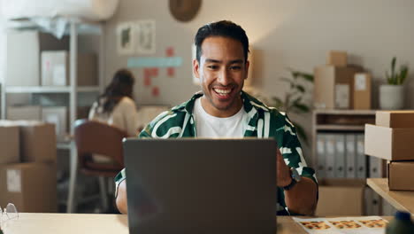 Happy-asian-man,-laptop-and-fist-pump-in-winning