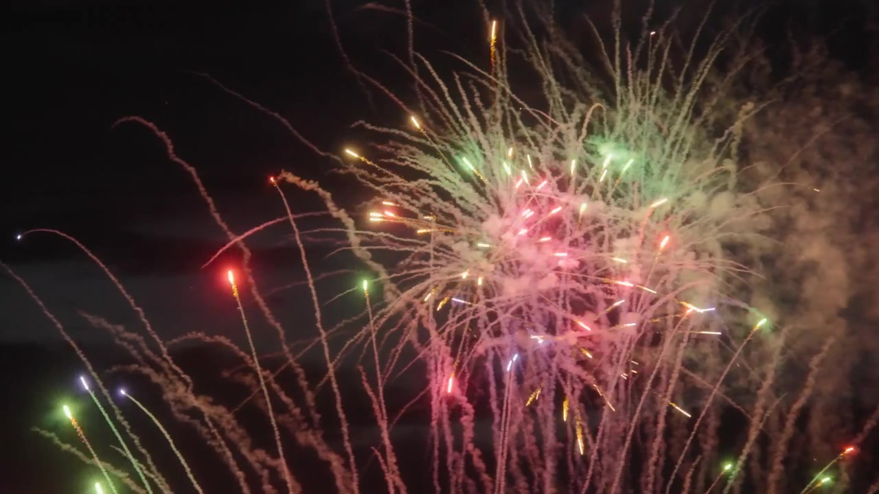Colorful fireworks sparks flying in the sky. Close up, slow motion