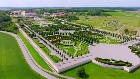 Panoramic-View-Of-Baroque-Gardens-In-Schloss-Hof-Castle-In-Austria---aerial-shot