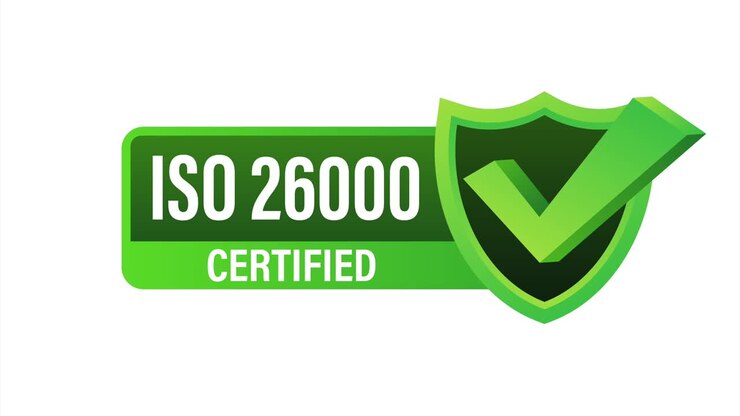ISO 26000 Certified badge, icon. Certification stamp. Flat design .