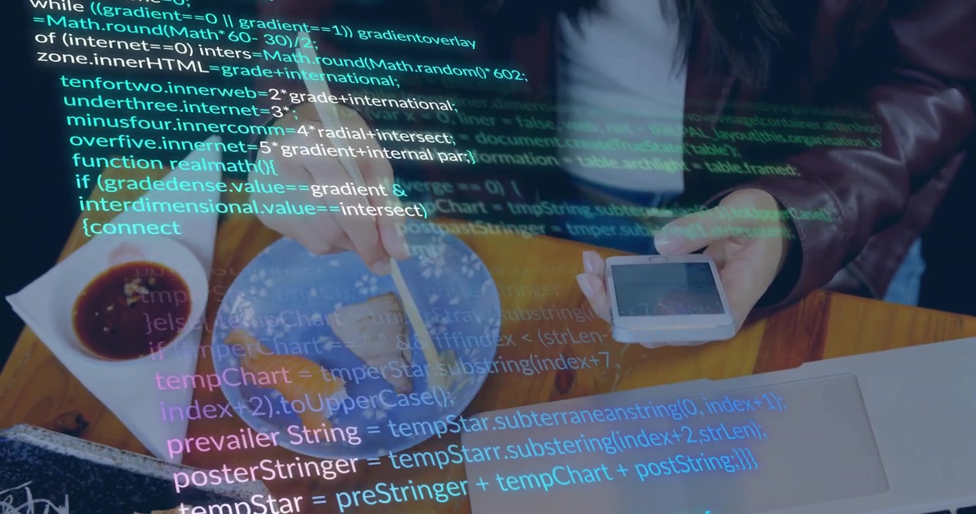 Woman dipping salmon nigiri into soy sauce when programming code scrolling and tapping smartphone