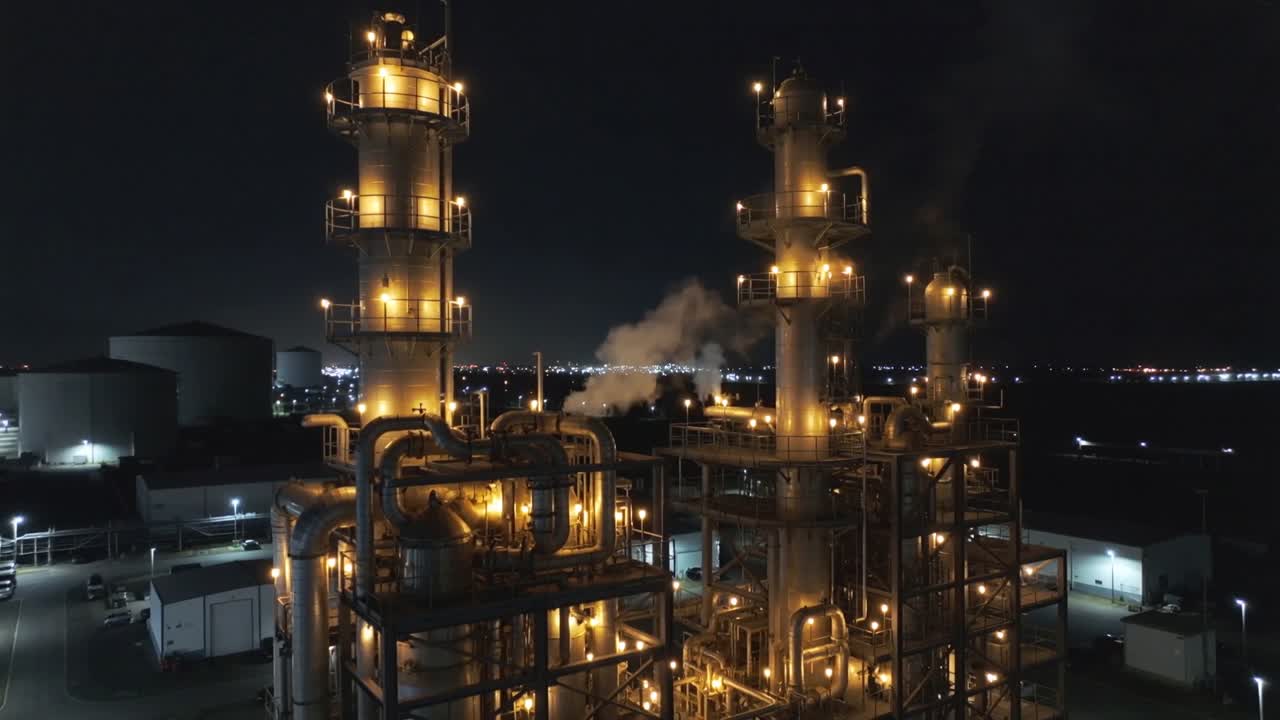Releasing steam from mid level pipe, three illuminated process towers sending plume upward at night