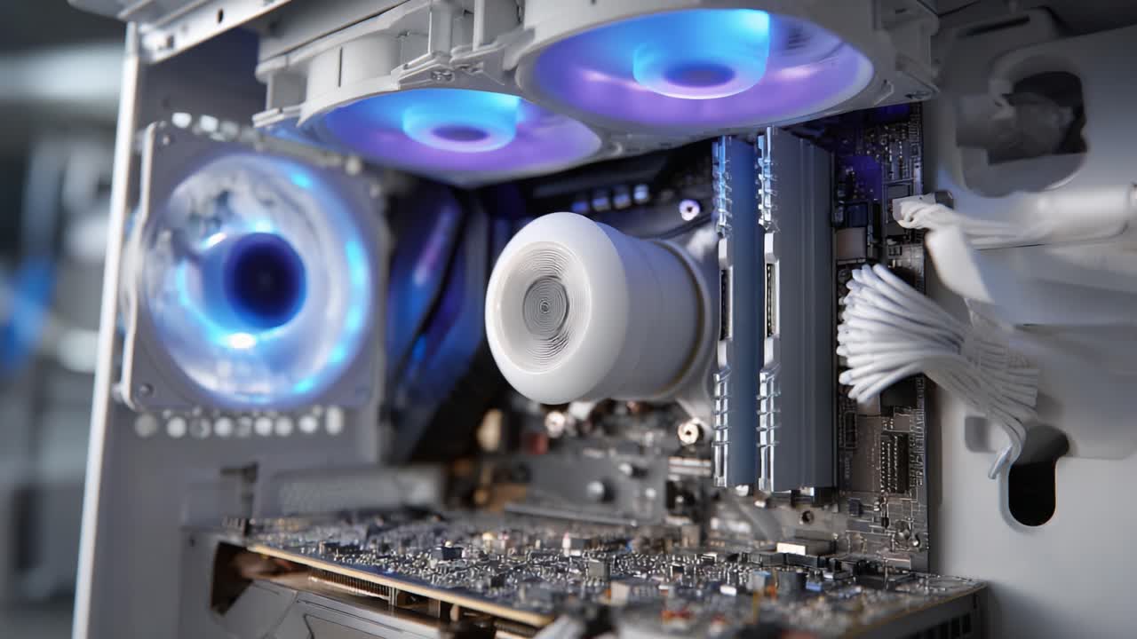 A Close-Up View of a High-Performance Computer's Interior Featuring Advanced Cooling Systems and Cutting-Edge Components for Optimal Performance
