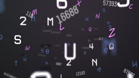 Digital animation of multiple numbers and alphabets floating against black background