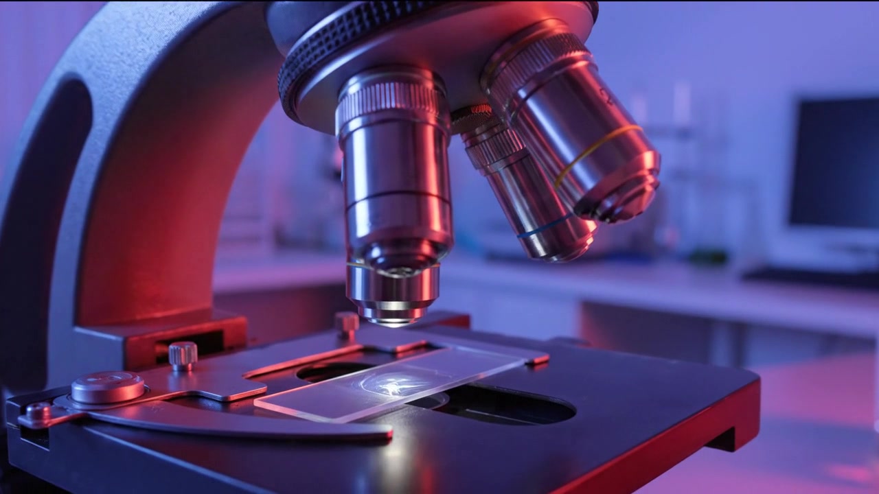 Scientific Microscope Focusing on a Sample Slide in a Laboratory