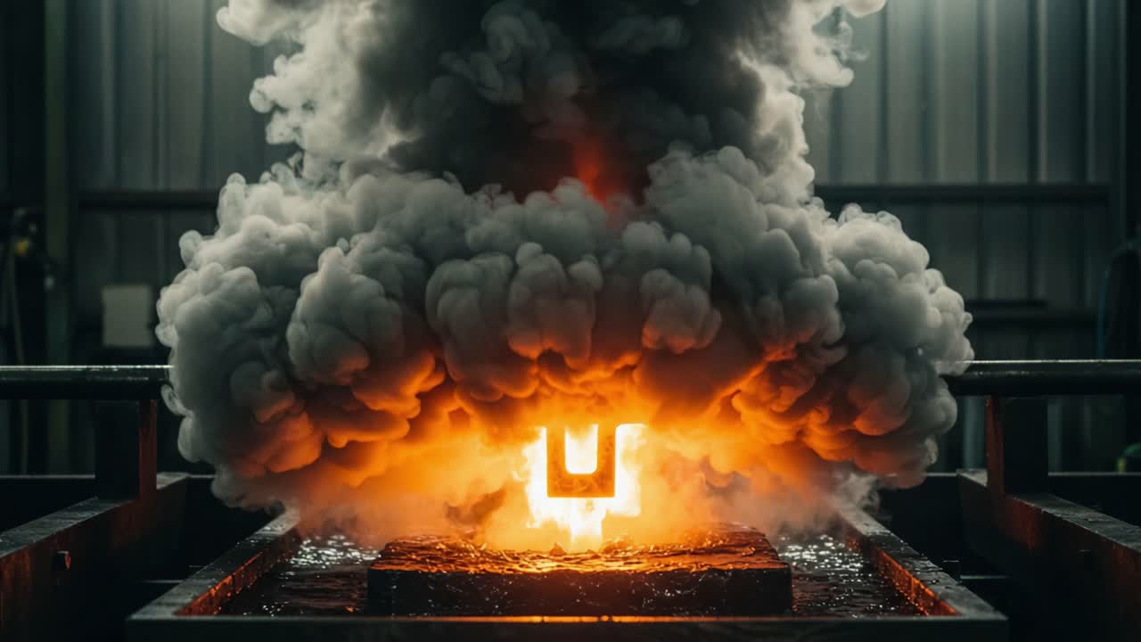 Intense Metal Casting Process: Smoke and Heat Emanating from Molten Metal as a Symbolic Form is Created in a Foundry Environment