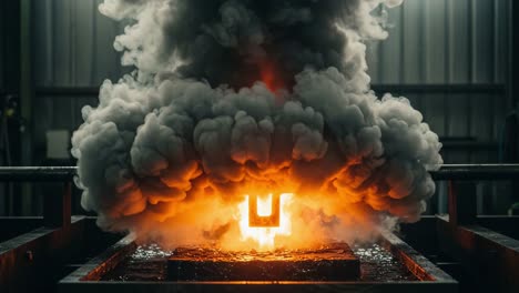 intense metal casting process: smoke and heat emanating from molten metal as a symbolic form is created in a foundry environment
