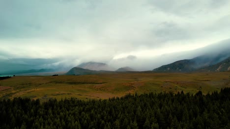 Neuseeland-Landschaftsdrohnenansicht-Des-Nebligen-Kiefernwaldes-Und-Der-Berge-2